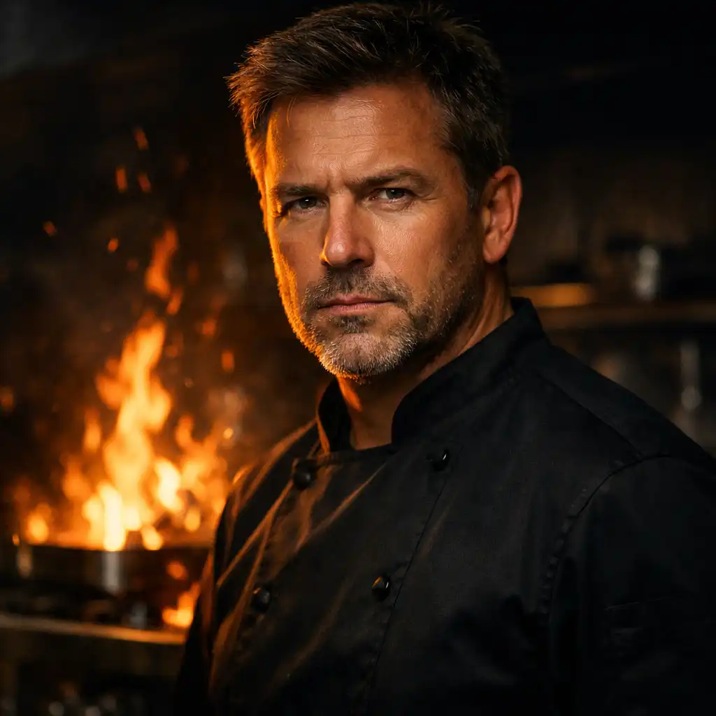 Séf Kovács Márton portréja sötét konyhában, nyílt lángok előtt
