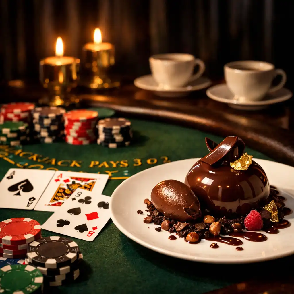 Blackjack asztal és sötét csokoládé desszert gyertyafényben