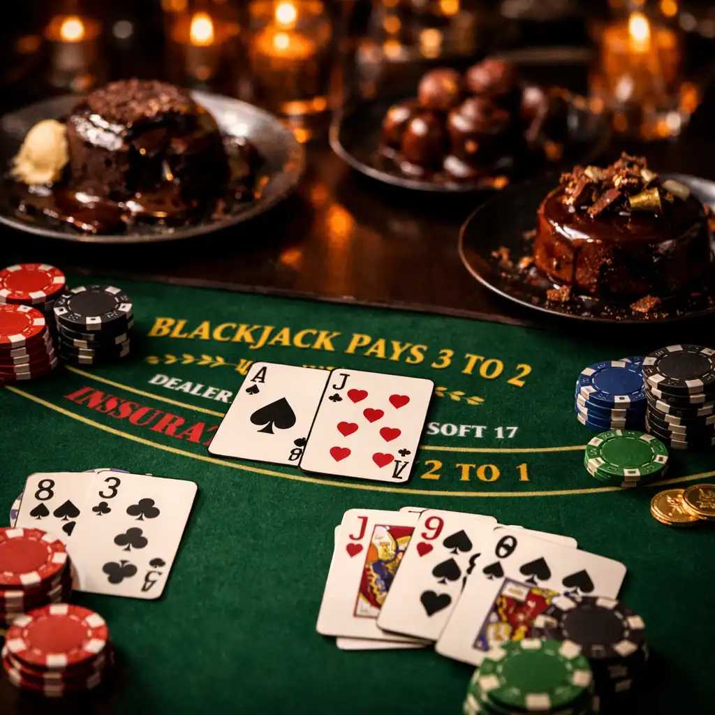 Blackjack asztal kártyákkal és sötét csokoládé desszertekkel