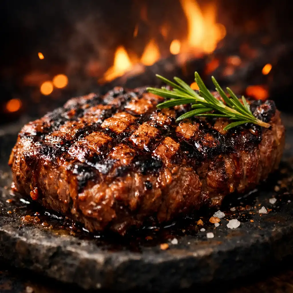 Lángon grillezett steak sötét kőtányéron, rozmaringággal