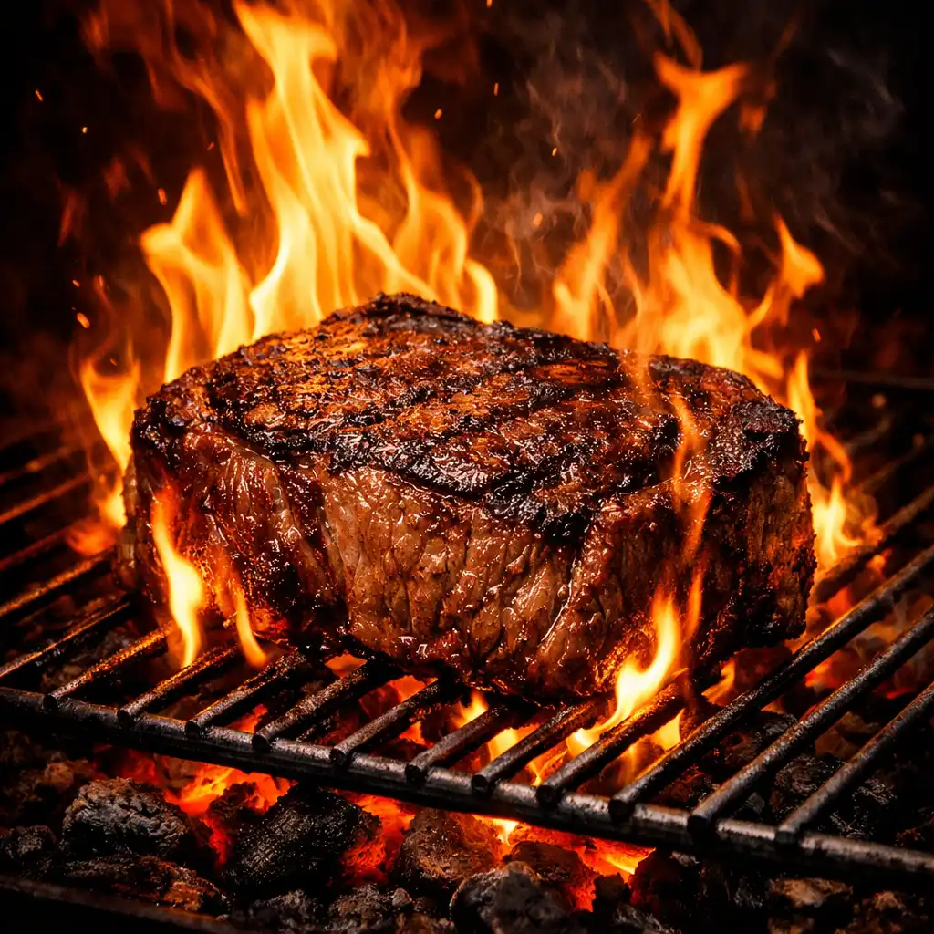 Vastag érlelt marhasteak nyílt lángon sütve, parázs fölött