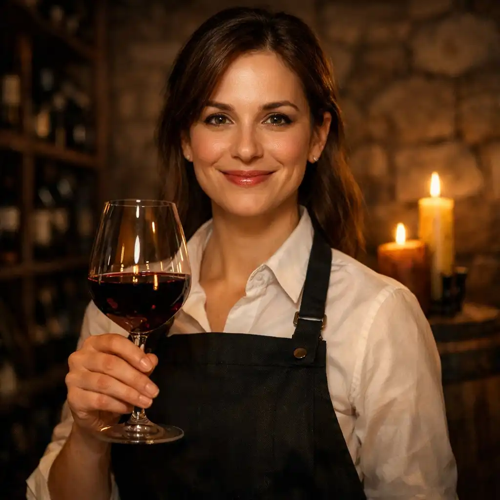 Sommelier Nagy Anna portréja borospincében, kezében borospohárral