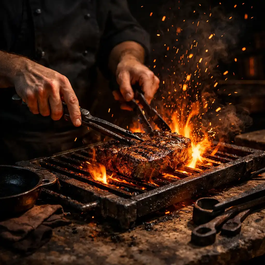 Séf kezei steaket grilleznek nyílt lángon, szikrák és parázs repkednek a sötét konyhában