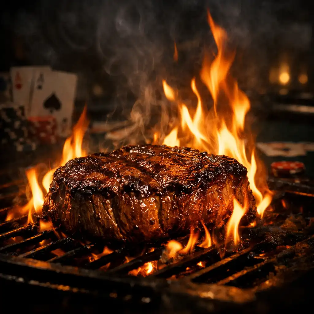 Tűzön sült marha steak lángokkal, sötét háttérrel